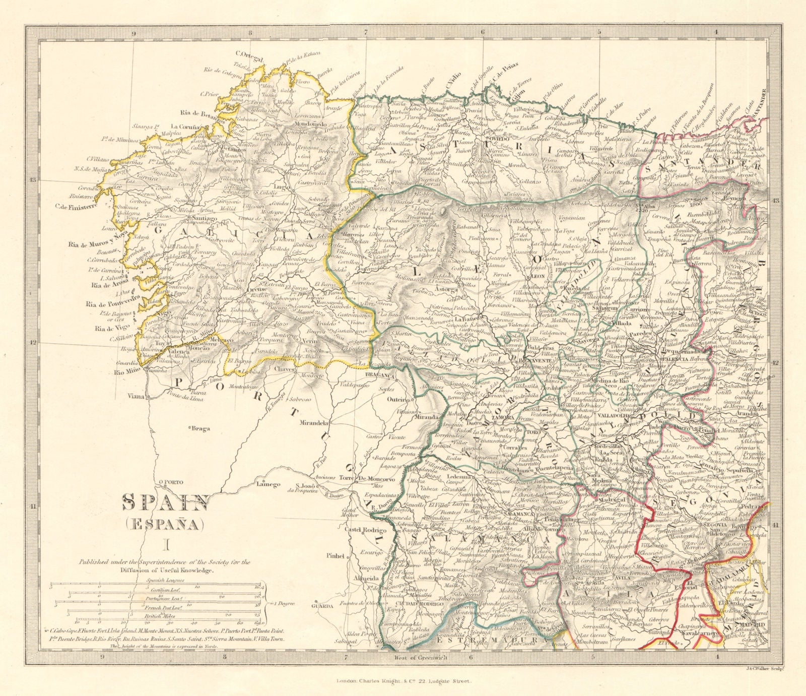 SPAIN NW. Galicia Leon Asturias Zamora Palencia Toro Salamanca. SDUK 1845 map